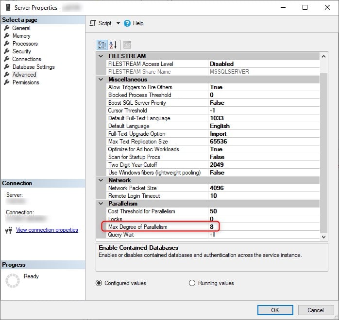 Figure 3 - Setting server MAXDOP value
