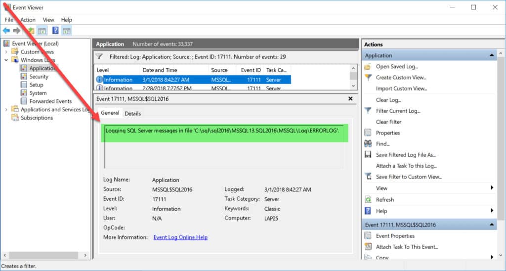 Figure 4 - Microsoft Windows Event viewer error log file path (Location)