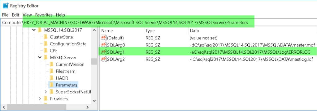 Figure 7 - Finding the SQL Server error log using registry