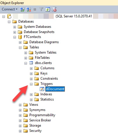 Finding triggers on a table in object explorer