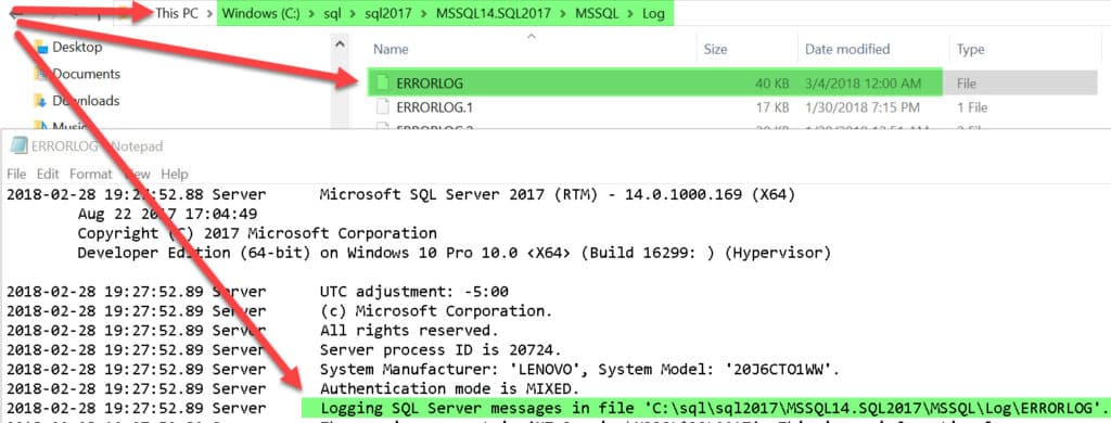 Figure 3 - SQL Server error log location SQL Server 2017 (PATH)