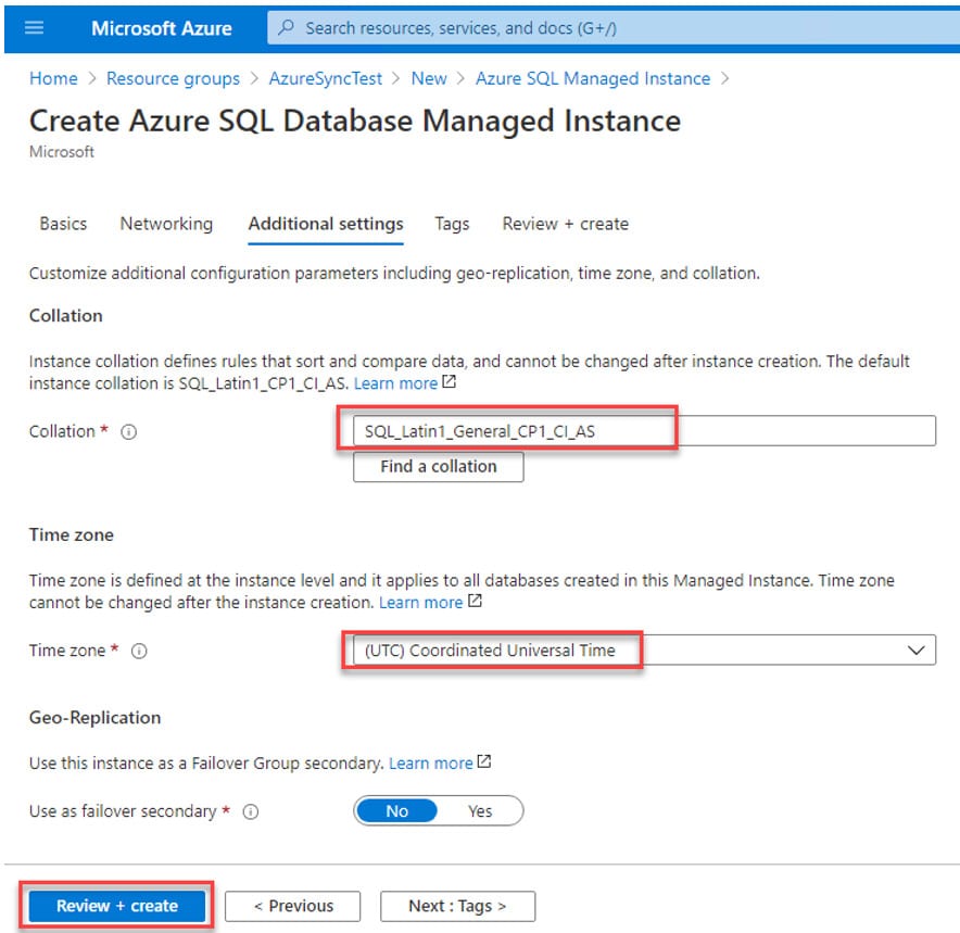 Figure 7 - Create Azure SQL Managed Instance - Fill out additional settings