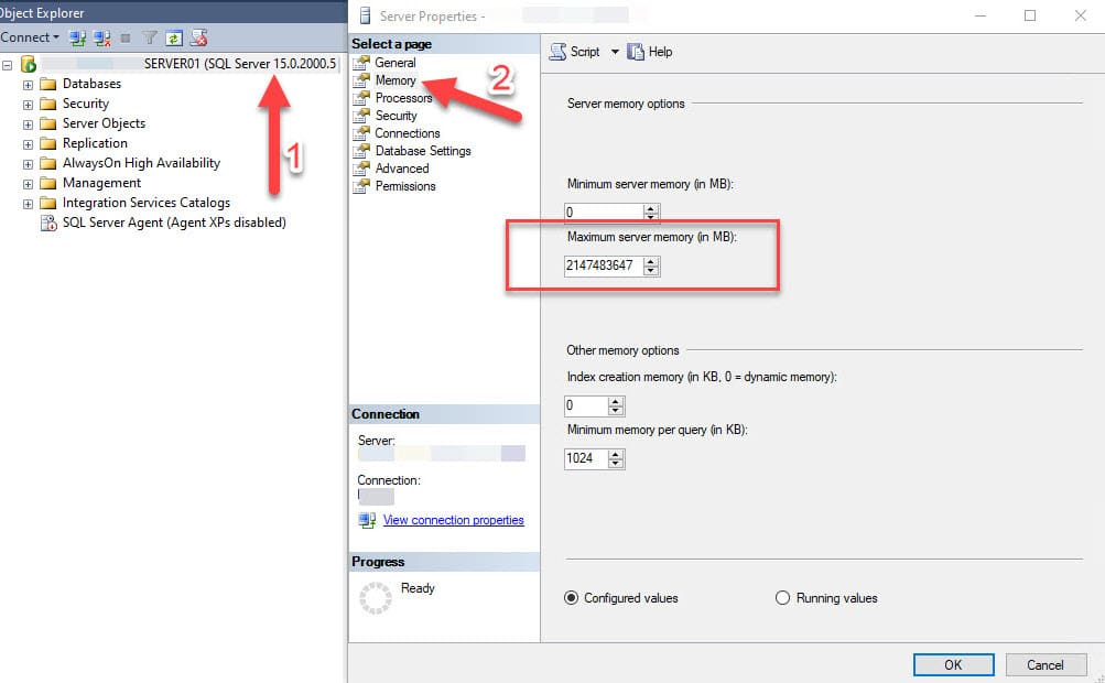 Figure 1 - SQL Server max memory GUI