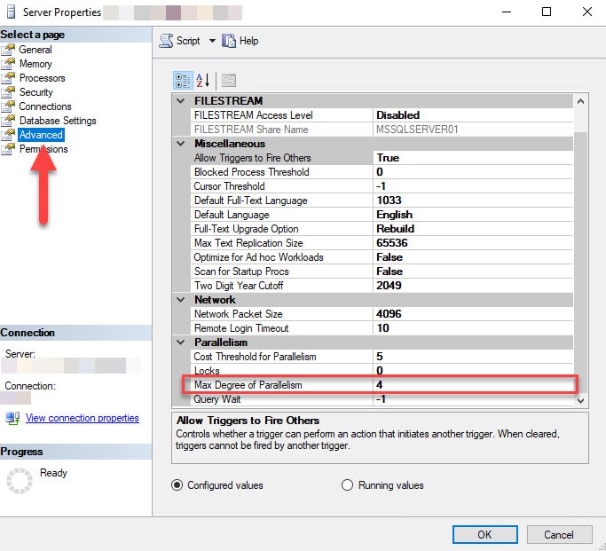 Figure 1 - SQL Server MAXDOP setting