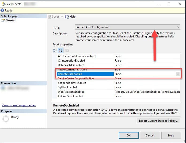 Figure 2 - SQL Server RemoteDacEnabled Property