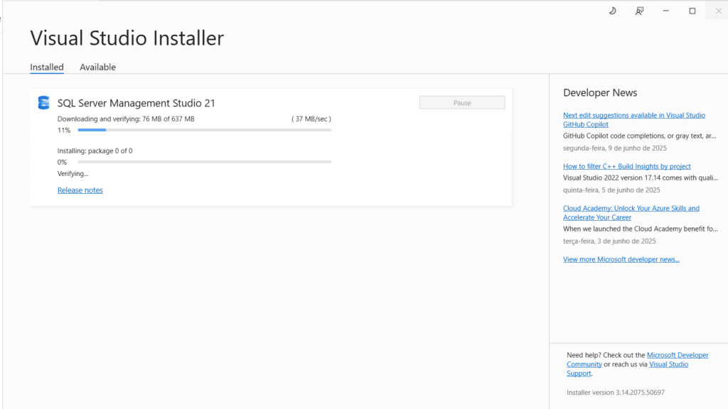 Installing SSMS 21 via Visual Studio Installer