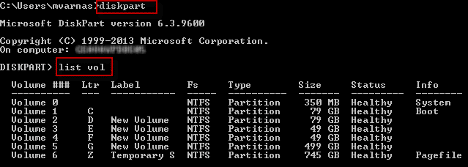 Windows DiskPart list volume output showing system, boot, and data partitions.
